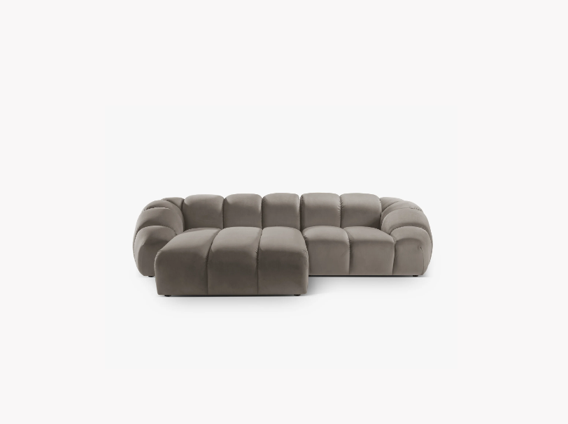 NAROŻNIK 3-osobowy Diana z designerskimi, zaoblonymi kształtami i przeszyciami, szarobrązowa tkanina, możliwość wyboru strony