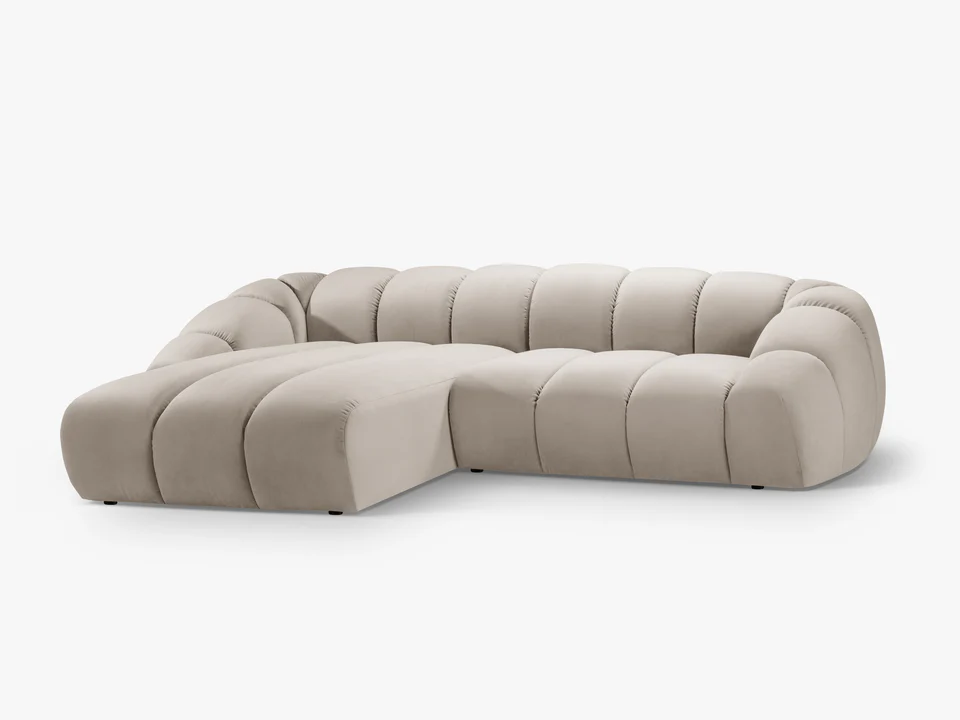 NAROŻNIK 4-osobowy Diana z designerskimi, zaoblonymi kształtami i przeszyciami, beżowa tkanina, możliwość wyboru strony, piękny NAROŻNIK 4-osobowy Diana z designerskimi, zaoblonymi kształtami i przeszyciami, beżowa tkanina, możliwość wyboru strony, piękny