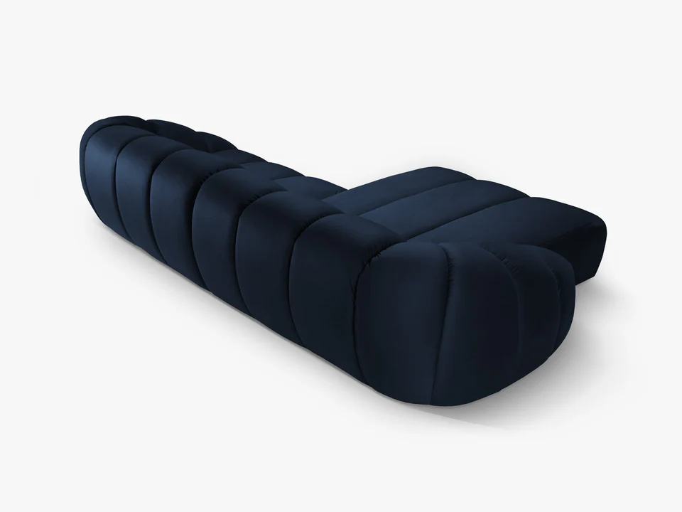 NAROŻNIK 4-osobowy Diana z designerskimi, zaoblonymi kształtami i przeszyciami, ciemnoniebieska tkanina, możliwość wyboru strony, wyjątkowy NAROŻNIK 4-osobowy Diana z designerskimi, zaoblonymi kształtami i przeszyciami, ciemnoniebieska tkanina, możliwość wyboru strony, wyjątkowy