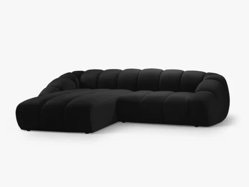 NAROŻNIK 4-osobowy Diana z designerskimi, zaoblonymi kształtami i przeszyciami, czarna tkanina, możliwość wyboru strony, piękny