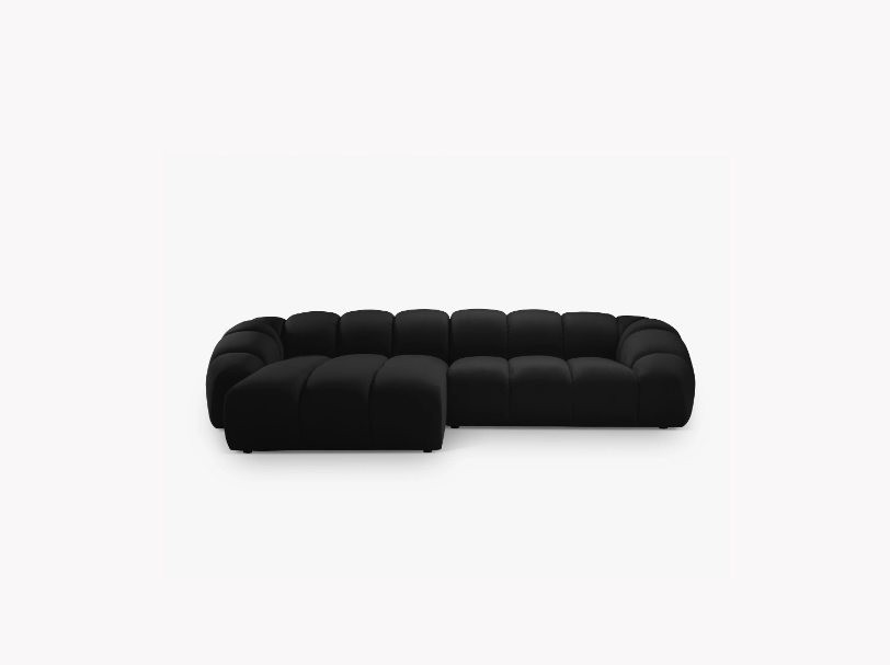 NAROŻNIK 4-osobowy Diana z designerskimi, zaoblonymi kształtami i przeszyciami, czarna tkanina, możliwość wyboru strony NAROŻNIK 4-osobowy Diana z designerskimi, zaoblonymi kształtami i przeszyciami, czarna tkanina, możliwość wyboru strony