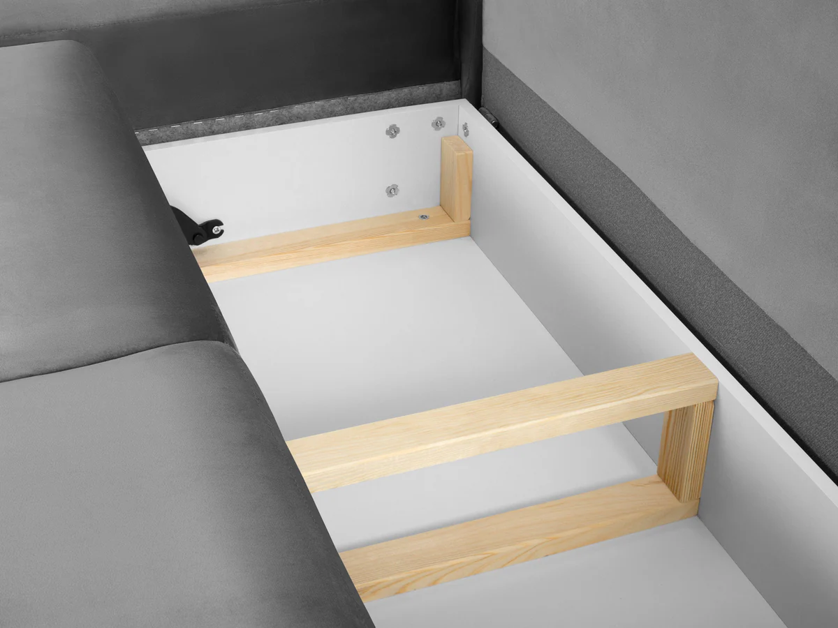 NAROŻNIK 5-osobowy Kyoto na metalowych nogach, aksamitna jasnoszara tapicerka, nowoczesny styl, funkcja spania