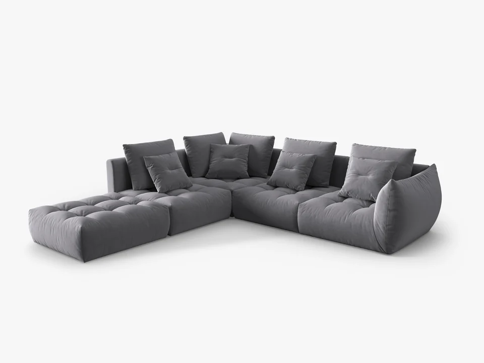 NAROŻNIK Bloom o zaoblonych kształtach, ciemnoszara tapicerka, designerski styl, strona do wyboru, piękny