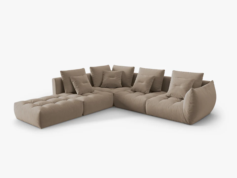 NAROŻNIK Bloom o zaoblonych kształtach, jasnobrązowa tapicerka, designerski styl, strona do wyboru, piękny NAROŻNIK Bloom o zaoblonych kształtach, jasnobrązowa tapicerka, designerski styl, strona do wyboru, piękny