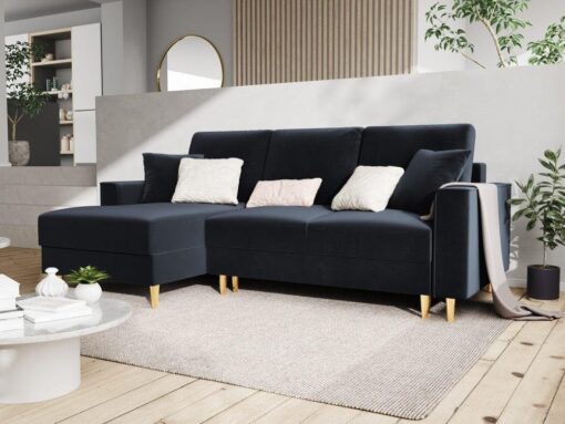 NAROŻNIK Kyoto z funkcją spania, na złotych, metalowych nogach, ciemnoniebieska tapicerka, nowoczesny styl, designerski
