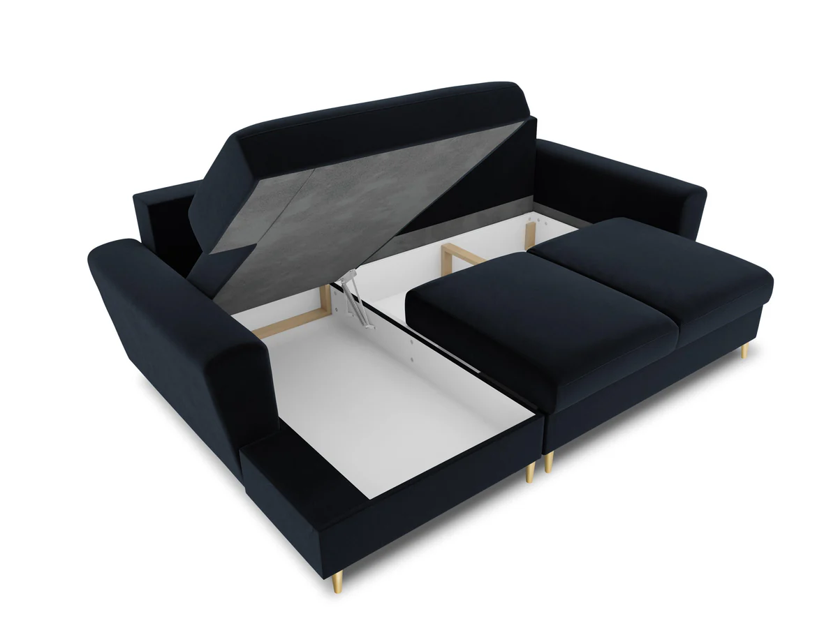 NAROŻNIK Kyoto z funkcją spania, na złotych, metalowych nogach, ciemnoniebieska tapicerka, nowoczesny styl, do salonu NAROŻNIK Kyoto z funkcją spania, na złotych, metalowych nogach, ciemnoniebieska tapicerka, nowoczesny styl, do salonu