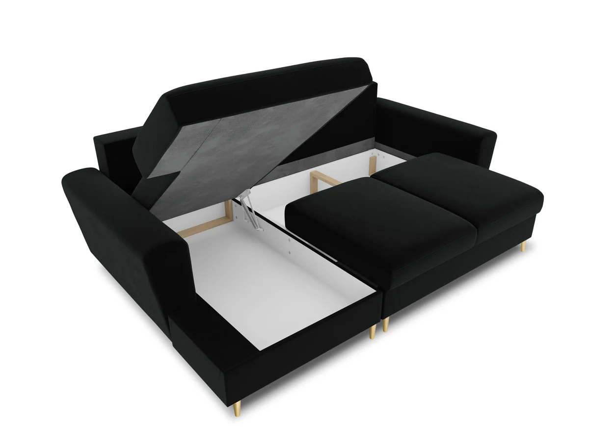 NAROŻNIK Kyoto z funkcją spania, na złotych, metalowych nogach, czarna tapicerka, nowoczesny styl, najwyższa jakość NAROŻNIK Kyoto z funkcją spania, na złotych, metalowych nogach, czarna tapicerka, nowoczesny styl, najwyższa jakość