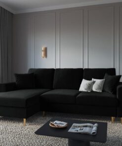 NAROŻNIK Kyoto z funkcją spania, na złotych, metalowych nogach, czarna tapicerka, nowoczesny styl, premium