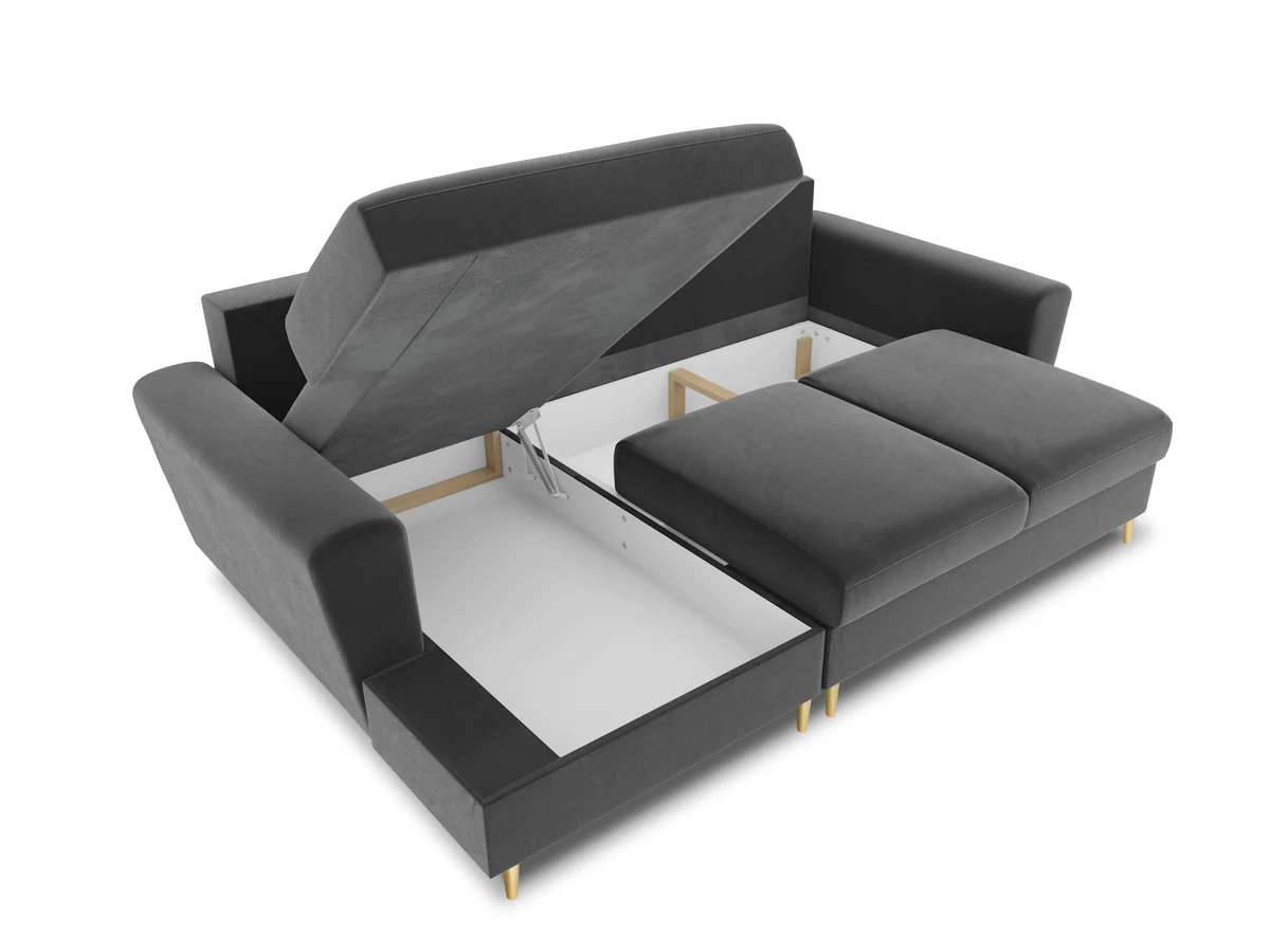 NAROŻNIK Kyoto z funkcją spania, na złotych, metalowych nogach, jasnoszara tapicerka, nowoczesny styl, designerski NAROŻNIK Kyoto z funkcją spania, na złotych, metalowych nogach, jasnoszara tapicerka, nowoczesny styl, designerski