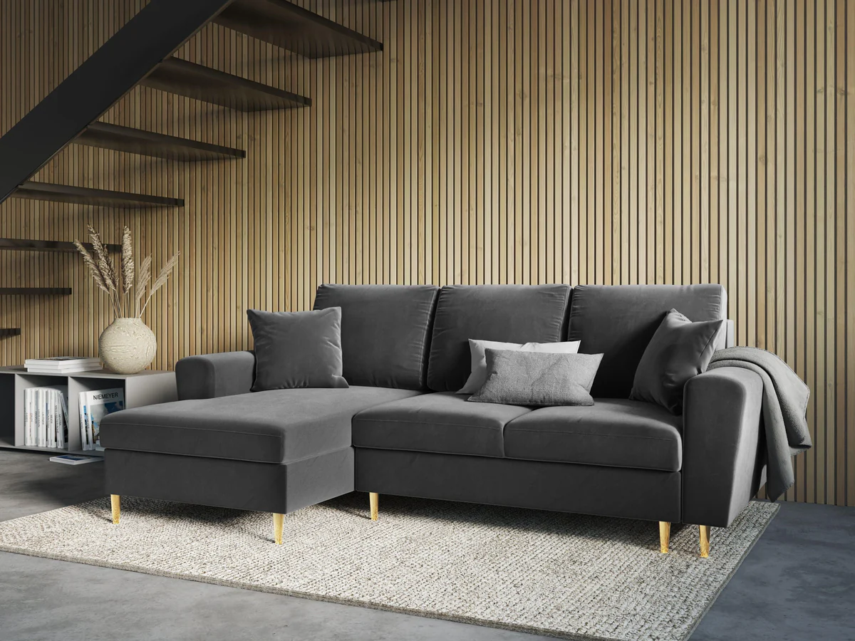 NAROŻNIK Kyoto z funkcją spania, na złotych, metalowych nogach, jasnoszara tapicerka, nowoczesny styl, piękny NAROŻNIK Kyoto z funkcją spania, na złotych, metalowych nogach, jasnoszara tapicerka, nowoczesny styl, piękny