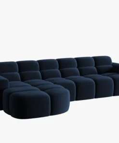 NAROŻNIK Lisa z krótkim bokiem w ciemnoniebieskiej, aksamitnej tkaninie, przeszywany, zaoblone kształty, designerski styl, piękny