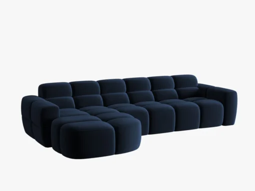 NAROŻNIK Lisa z krótkim bokiem w ciemnoniebieskiej, aksamitnej tkaninie, przeszywany, zaoblone kształty, designerski styl, piękny