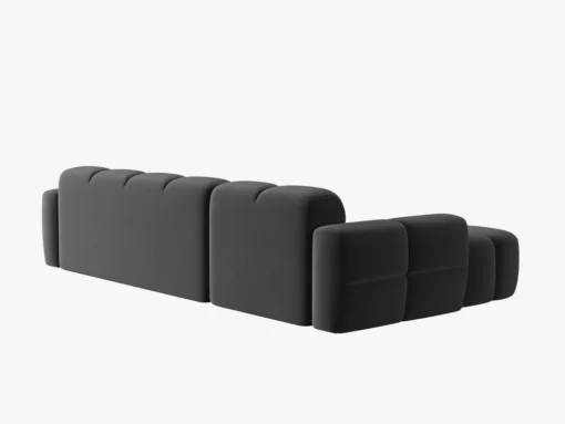 NAROŻNIK Lisa z krótkim bokiem w ciemnoszarej, aksamitnej tkaninie, przeszywany, zaoblone kształty, designerski styl, ekskluzywny