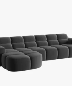 NAROŻNIK Lisa z krótkim bokiem w ciemnoszarej, aksamitnej tkaninie, przeszywany, zaoblone kształty, designerski styl, piękny