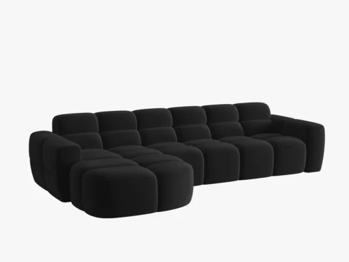NAROŻNIK Lisa z krótkim bokiem w czarnej, aksamitnej tkaninie, przeszywany, zaoblone kształty, designerski styl, piękny
