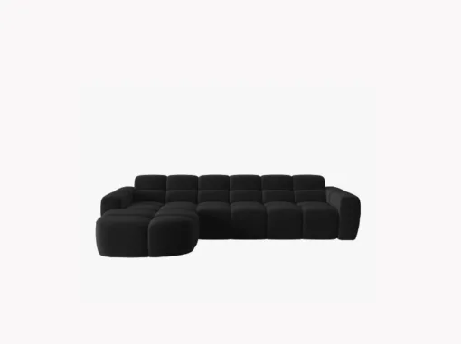 NAROŻNIK Lisa z krótkim bokiem w czarnej, aksamitnej tkaninie, przeszywany, zaoblone kształty, designerski styl