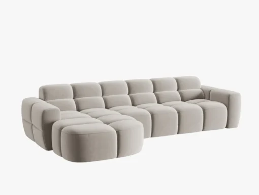 NAROŻNIK Lisa z krótkim bokiem w jasnobeżowej, aksamitnej tkaninie, przeszywany, zaoblone kształty, designerski styl, piękny