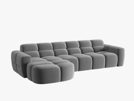 NAROŻNIK Lisa z krótkim bokiem w jasnoszarej, aksamitnej tkaninie, przeszywany, zaoblone kształty, designerski styl, piękny