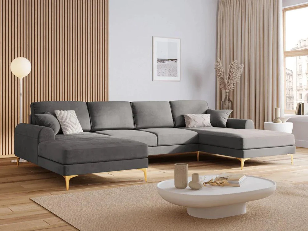 NAROŻNIK MADARA symetryczny na metalowych nogach, szara aksamitna tapicerka, nowoczesny styl, piękny