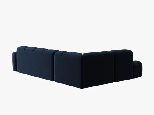 NAROŻNIK asymetryczny Lisa w ciemnoniebieskiej, aksamitnej tkaninie, przeszywany, zaoblone kształty, designerski styl, ekskluzywny