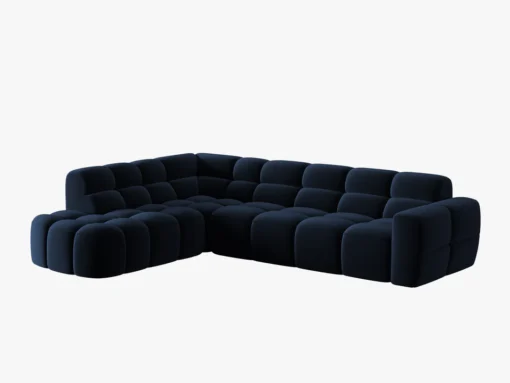 NAROŻNIK asymetryczny Lisa w ciemnoniebieskiej, aksamitnej tkaninie, przeszywany, zaoblone kształty, designerski styl, piękny