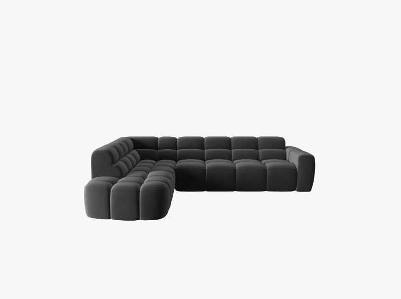 NAROŻNIK asymetryczny Lisa w ciemnoszarej, aksamitnej tkaninie, przeszywany, zaoblone kształty, designerski styl NAROŻNIK asymetryczny Lisa w ciemnoszarej, aksamitnej tkaninie, przeszywany, zaoblone kształty, designerski styl