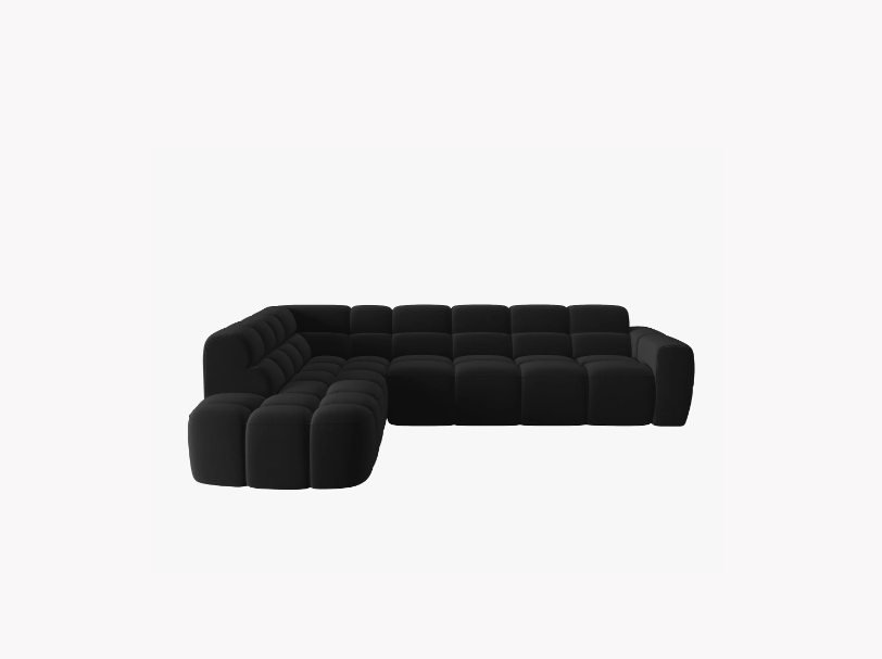 NAROŻNIK asymetryczny Lisa w czarnej, aksamitnej tkaninie, przeszywany, zaoblone kształty, designerski styl