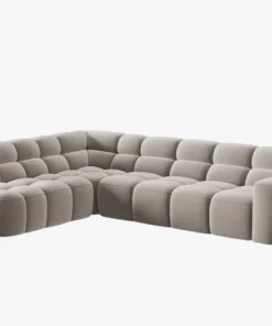 NAROŻNIK asymetryczny Lisa w jasnobeżowej, aksamitnej tkaninie, przeszywany, zaoblone kształty, designerski styl, piękny