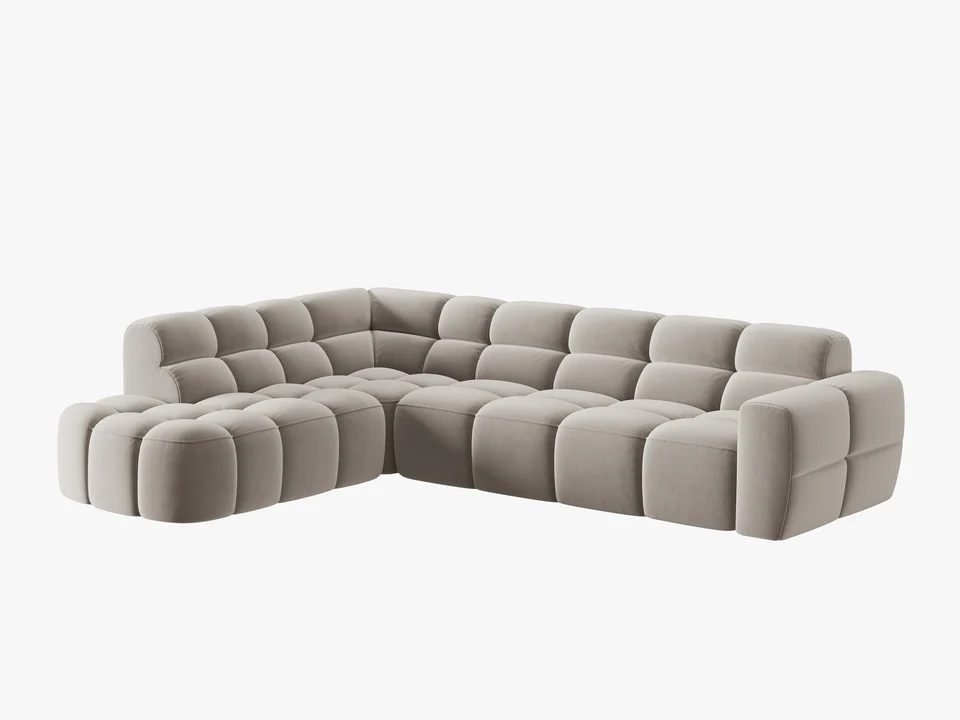 NAROŻNIK asymetryczny Lisa w jasnobeżowej, aksamitnej tkaninie, przeszywany, zaoblone kształty, designerski styl, piękny