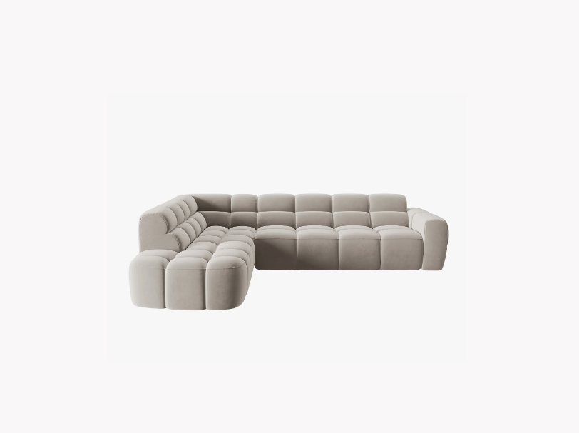 NAROŻNIK asymetryczny Lisa w jasnobeżowej, aksamitnej tkaninie, przeszywany, zaoblone kształty, designerski styl