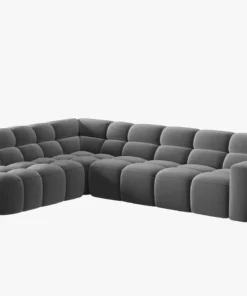 NAROŻNIK asymetryczny Lisa w jasnoszarej, aksamitnej tkaninie, przeszywany, zaoblone kształty, designerski styl, piękny