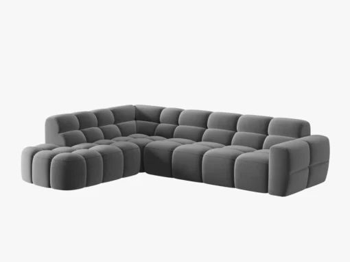 NAROŻNIK asymetryczny Lisa w jasnoszarej, aksamitnej tkaninie, przeszywany, zaoblone kształty, designerski styl, piękny