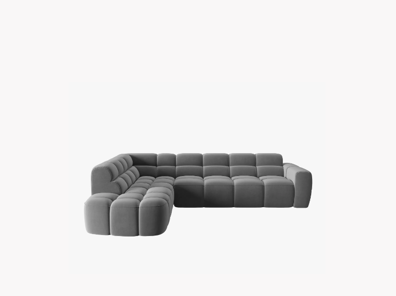 NAROŻNIK asymetryczny Lisa w jasnoszarej, aksamitnej tkaninie, przeszywany, zaoblone kształty, designerski styl