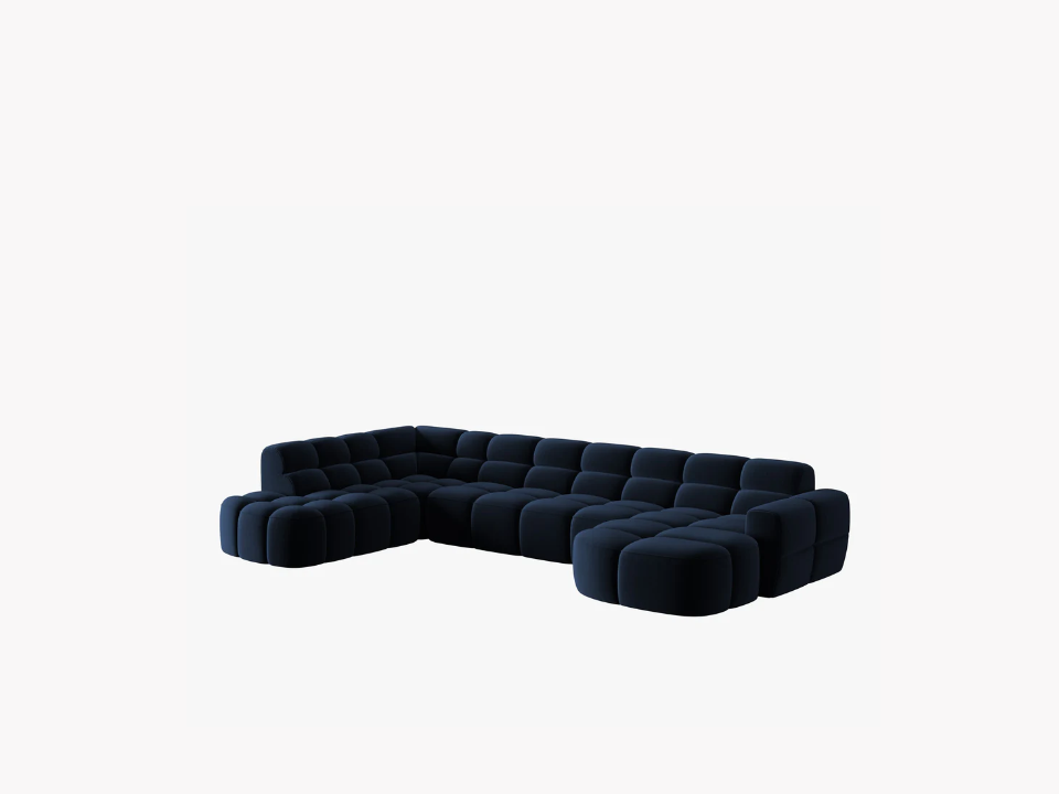 NAROŻNIK panoramiczny Lisa, w kształcie litery U, ciemnoniebieska tapicerka, designerski przeszycia, zaoblone kształty, piękny NAROŻNIK panoramiczny Lisa, w kształcie litery U, ciemnoniebieska tapicerka, designerski przeszycia, zaoblone kształty, piękny