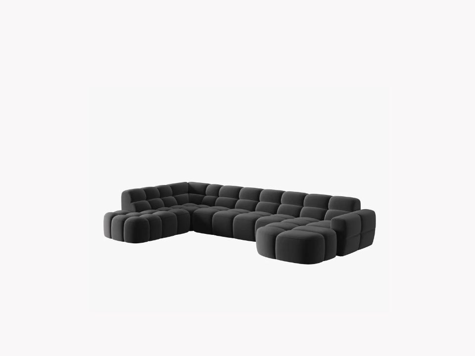 NAROŻNIK panoramiczny Lisa, w kształcie litery U, ciemnoszara tapicerka, designerski przeszycia, zaoblone kształty, piękny