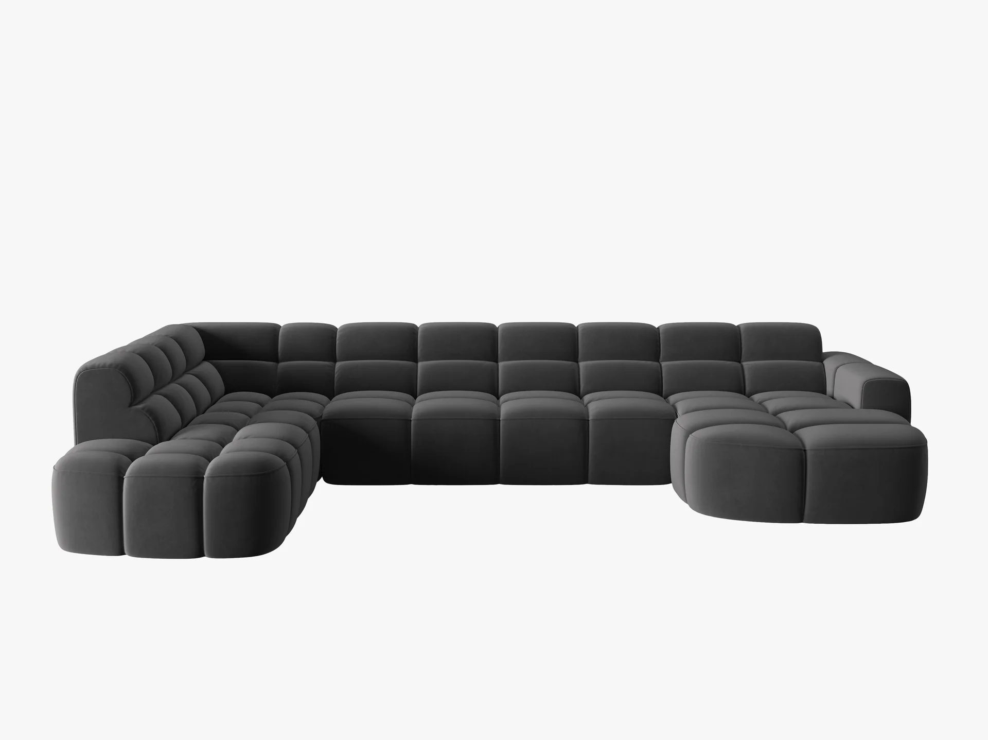 NAROŻNIK panoramiczny Lisa, w kształcie litery U, ciemnoszara tapicerka, designerski przeszycia, zaoblone kształty