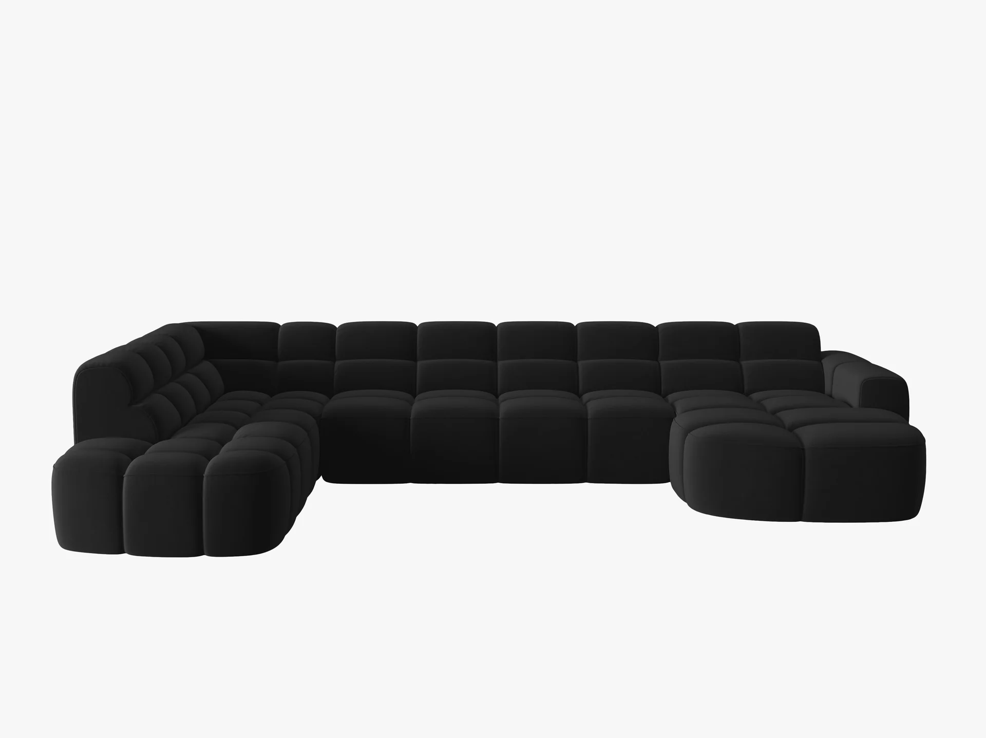 NAROŻNIK panoramiczny Lisa, w kształcie litery U, czarna tapicerka, designerski przeszycia, zaoblone kształty NAROŻNIK panoramiczny Lisa, w kształcie litery U, czarna tapicerka, designerski przeszycia, zaoblone kształty