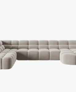 NAROŻNIK panoramiczny Lisa, w kształcie litery U, jasnobeżowa tapicerka, designerski przeszycia, zaoblone kształty