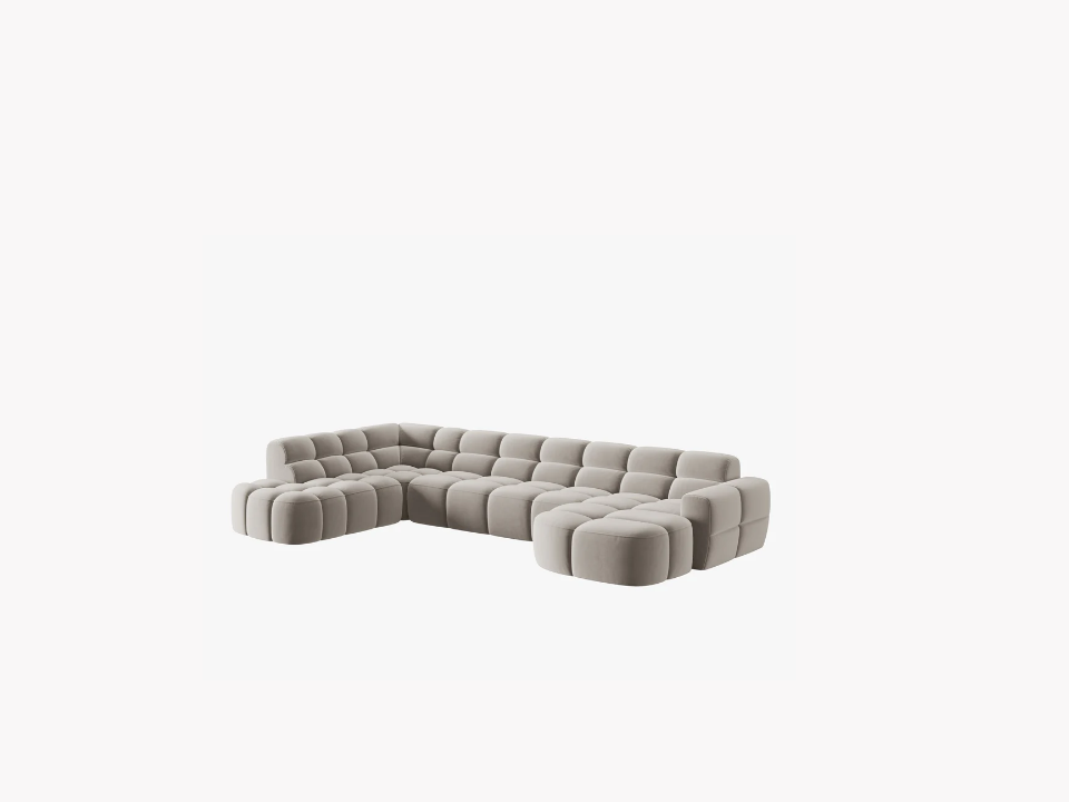 NAROŻNIK panoramiczny Lisa, w kształcie litery U, jasnobeżowa tapicerka, designerski przeszycia, zaoblone kształty, piękny NAROŻNIK panoramiczny Lisa, w kształcie litery U, jasnobeżowa tapicerka, designerski przeszycia, zaoblone kształty, piękny