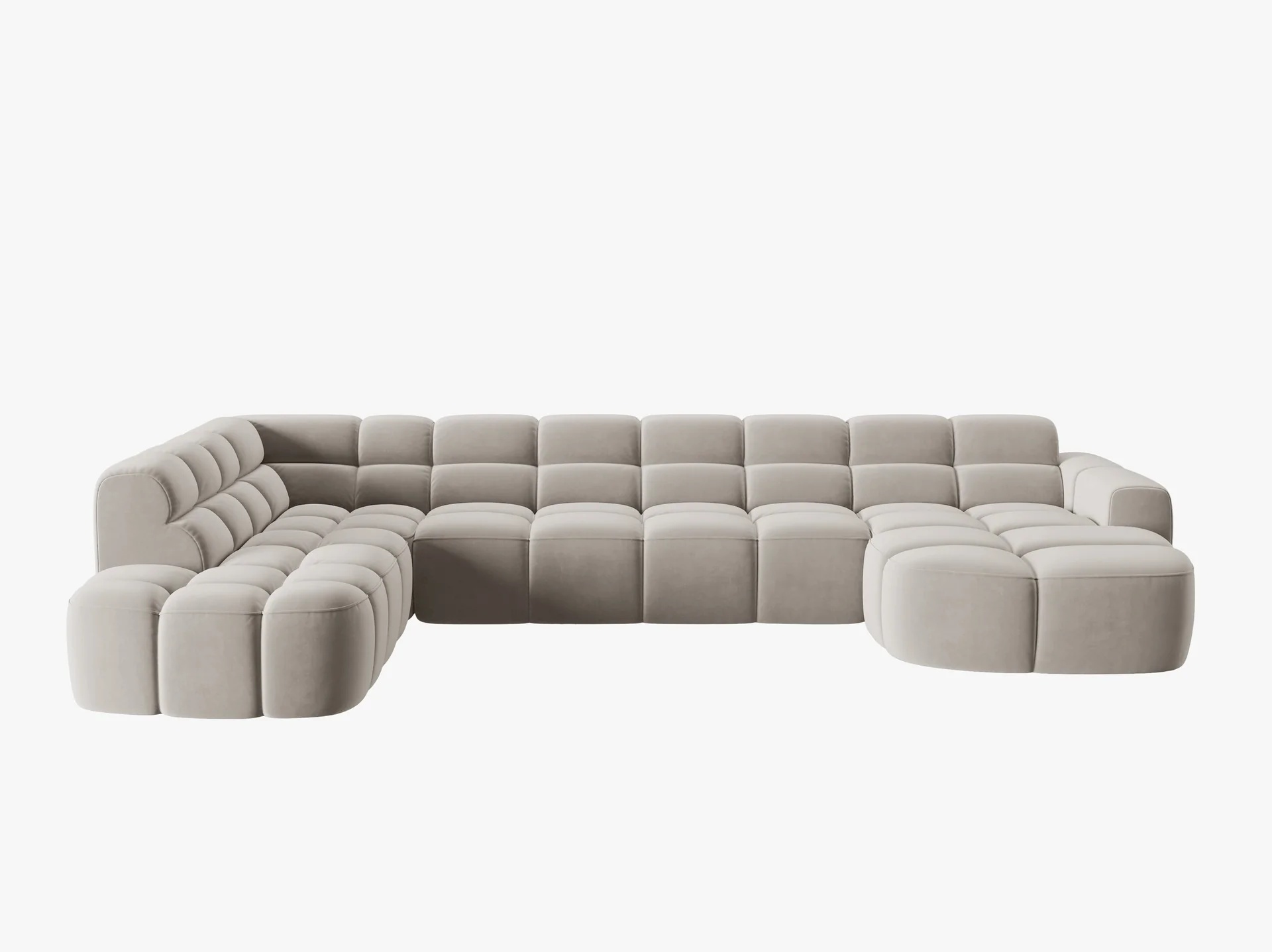 NAROŻNIK panoramiczny Lisa, w kształcie litery U, jasnobeżowa tapicerka, designerski przeszycia, zaoblone kształty NAROŻNIK panoramiczny Lisa, w kształcie litery U, jasnobeżowa tapicerka, designerski przeszycia, zaoblone kształty