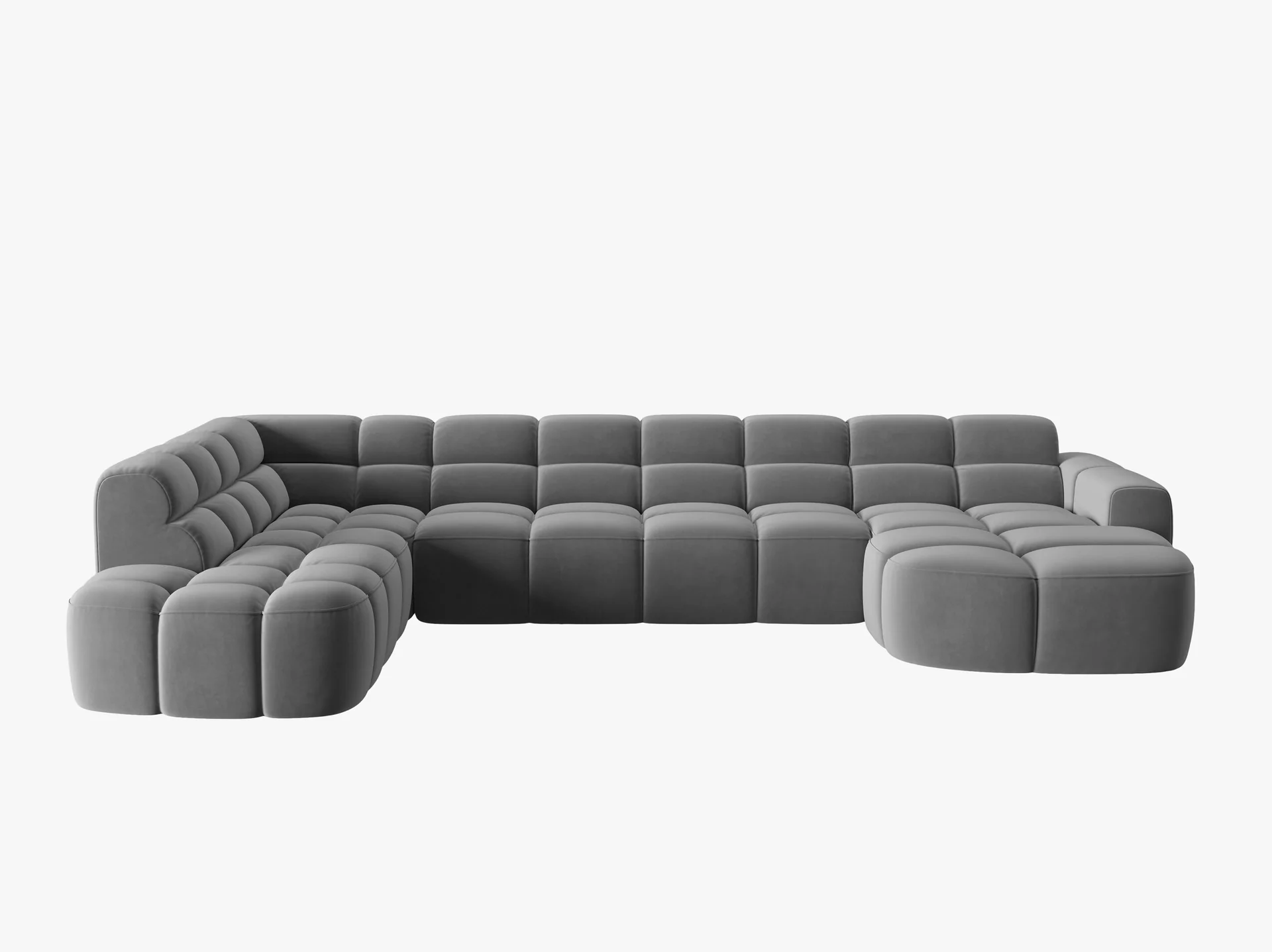 NAROŻNIK panoramiczny Lisa, w kształcie litery U, jasnoszara tapicerka, designerski przeszycia, zaoblone kształty