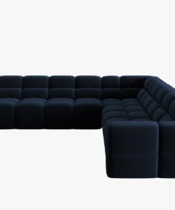 NAROŻNIK symetryczny Lisa, aksamitna ciemnoniebieska tkanina, eleganckie przeszycia, designerski styl, piękny