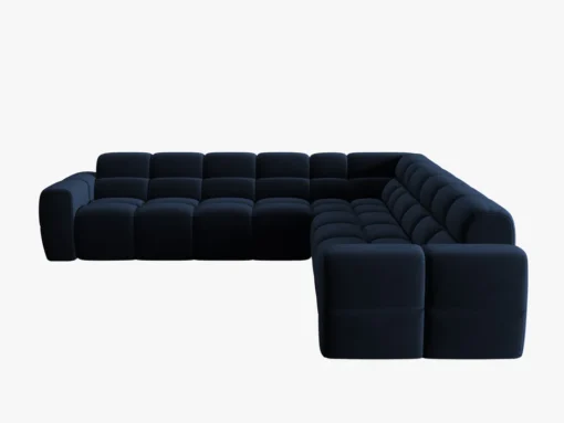NAROŻNIK symetryczny Lisa, aksamitna ciemnoniebieska tkanina, eleganckie przeszycia, designerski styl, piękny