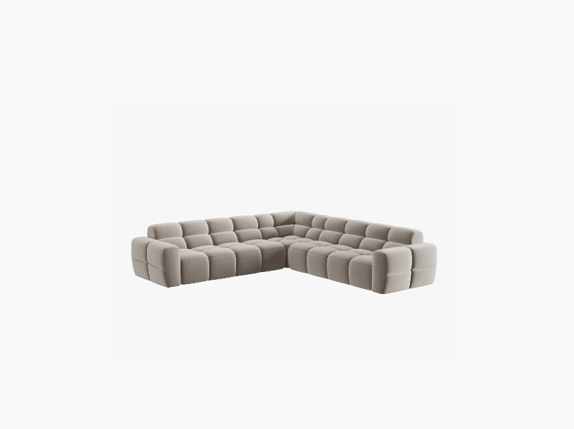 NAROŻNIK symetryczny Lisa, aksamitna jasnobeżowa tkanina, eleganckie przeszycia, designerski styl NAROŻNIK symetryczny Lisa, aksamitna jasnobeżowa tkanina, eleganckie przeszycia, designerski styl