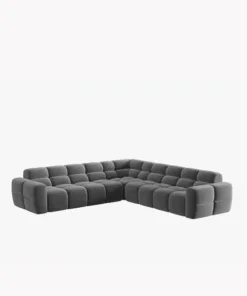 NAROŻNIK symetryczny Lisa, aksamitna jasnoszara tkanina, eleganckie przeszycia, designerski styl