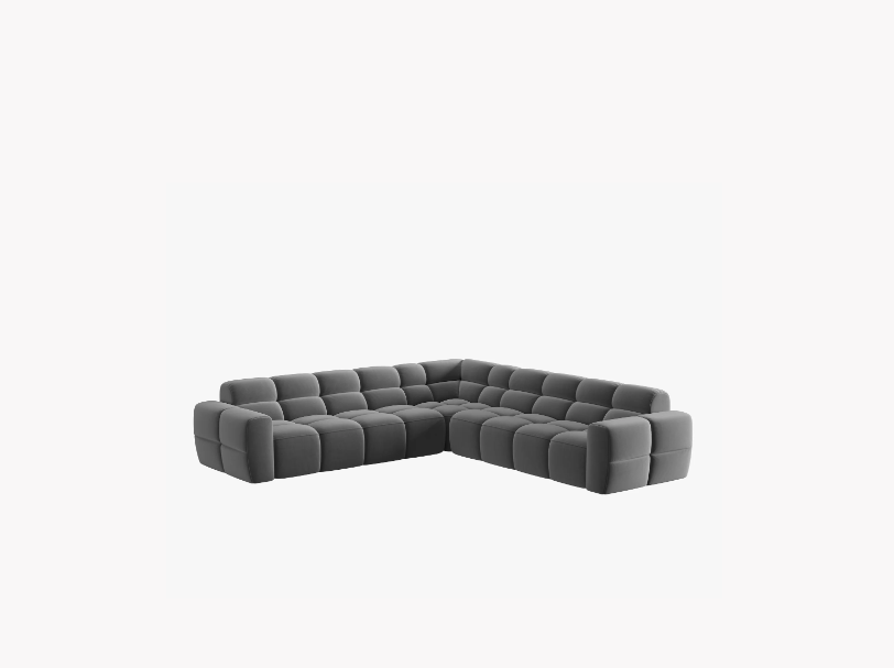 NAROŻNIK symetryczny Lisa, aksamitna jasnoszara tkanina, eleganckie przeszycia, designerski styl NAROŻNIK symetryczny Lisa, aksamitna jasnoszara tkanina, eleganckie przeszycia, designerski styl