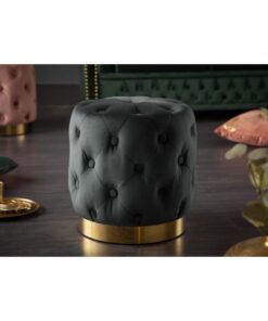 PUF Chester z czarną, aksamitną tapicerką, pikowany, złota metalowa podstawa, nowoczesny styl glamour, piękny