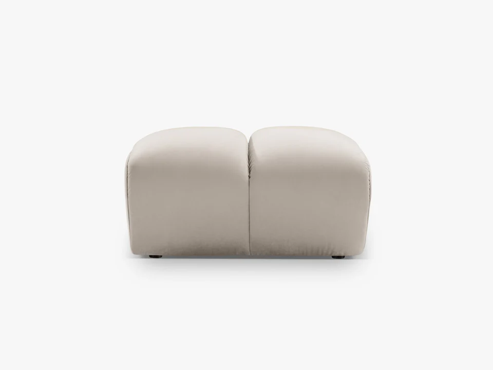 PUF Diana prostokątny z designerskimi, zaoblonymi kształtami i przeszyciem, beżowa tkanina, piękny PUF Diana prostokątny z designerskimi, zaoblonymi kształtami i przeszyciem, beżowa tkanina, piękny