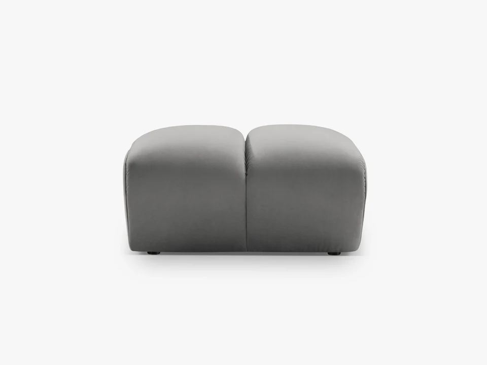 PUF Diana prostokątny z designerskimi, zaoblonymi kształtami i przeszyciem, szara tkanina, piękna PUF Diana prostokątny z designerskimi, zaoblonymi kształtami i przeszyciem, szara tkanina, piękna