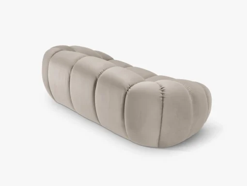 SOFA 2-osobowa Diana o zaoblonych kształtach, pionowe przeszycia, beżowa tkanina, designerski styl, ekskluzywna